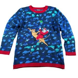 Santa Riding cat Space ugly Christmas Sweater Blue XL Mens Womens party festive‎